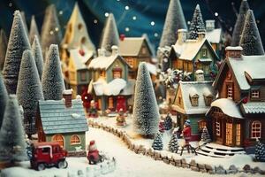 Low angle view of a vintage look christmas village on holiday with snow falling.AI Generative photo