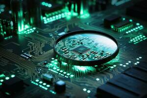 View with a magnifying glass on a modern circuit board.AI Generative photo