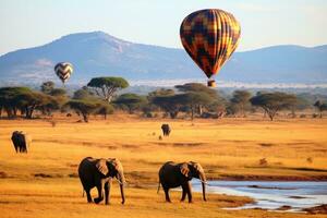 Hot air balloons over the African savannah.AI Generative photo