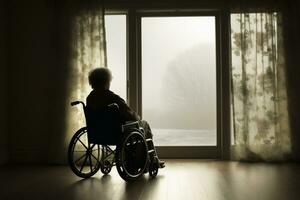 A retired woman sitting in a wheel chair alone in front of a window.AI Generative photo