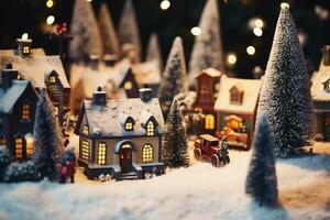 Low angle view of a vintage look christmas village on holiday with snow falling.AI Generative photo