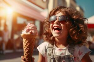 un contento niño comiendo hielo crema derritiendo en el sol.ai generativo foto