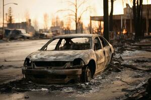 Completely burned out cars after natural disaster.AI Generative photo