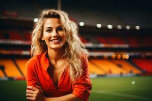 A very attractive woman as soccer fan in a stadium.AI Generative photo