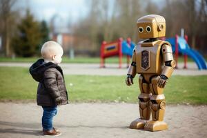 un niño y un ai robot jugando en un parque infantil.ai generativo foto