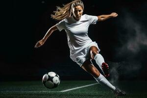 A female soccer player kicking the ball.AI GenerativeAI Generative photo