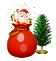 Santa claus with gift bag, gift box, christmas tree. merry christmas and festive New Year, 3d render illustration png