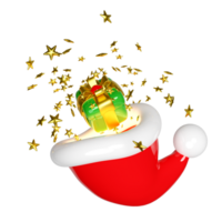 Red Santa hat with gift box, star. merry christmas and festive New Year, 3d render illustration png
