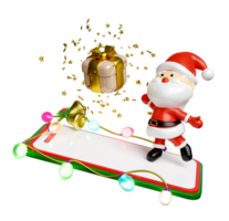 3d Santa Claus con smartphone, tintinnio campana, agrifoglio bacca foglie, bicchiere trasparente lampada ghirlande, regalo scatola, festa striscione. allegro Natale e contento nuovo anno, in linea acquisti, 3d rendere illustrazione png