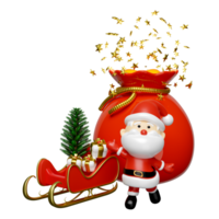 Santa claus with gift bag, sleigh, gift box, christmas tree. merry christmas and festive New Year, 3d render illustration png