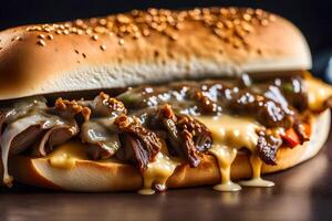 A close up of a sandwich with melted cheese and meat photo