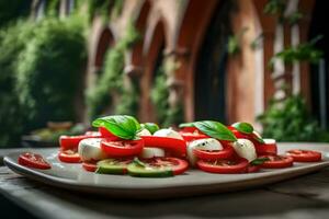 un deliciosamente agrio italiano caprese ensalada es metido en un hermosa al aire libre patio de un italiano villa ai generado foto