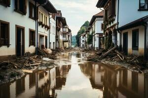 un inundado calle con residencial casas.ai generativo foto