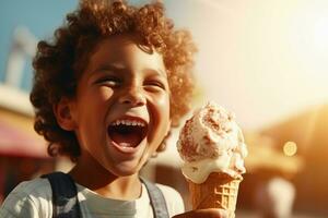 A happy kid eating ice cream melting in the sun.AI generative photo