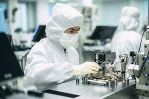 A scientist works in a clean room wearing a full body suit.AI generative photo