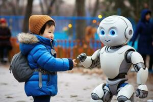 un niño y un ai robot jugando en un parque infantil.ai generativo foto