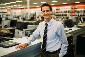 A friendly salesman in an electronics store.AI generative photo