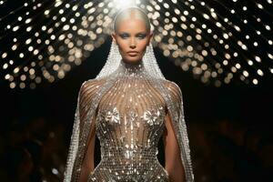 A model on a runway wearing an elegant dress made of diamonds.AI Generative photo