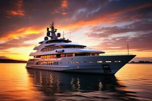 A luxury yacht in the harbor at dusk.AI Generative photo