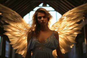 A woman with angel wings and cinematic light.AI generative photo