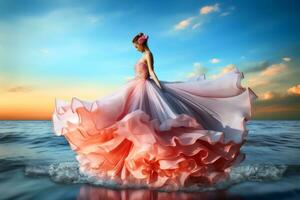 A goddess woman wearing a dress looking like water waves.AI Generative photo