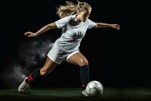 un hembra fútbol jugador pateando el bola.ai generativo foto