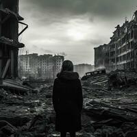 un niña en un negro Saco soportes en frente de un destruido edificio. ai generado foto