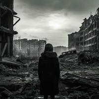 A girl in a black coat stands in front of a destroyed building. AI generated photo