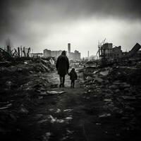 Mother and daughter looking at the ruins of a factory. Black and white photo.  AI generated photo