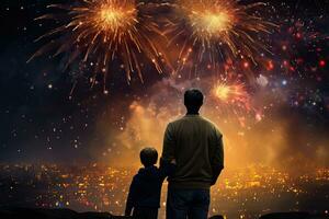 silueta de padre y hijo con fuegos artificiales en el antecedentes de el ciudad. espalda ver de padre y hijo mirando a fuegos artificiales en noche ciudad antecedentes. ai generado foto