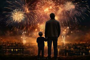 silueta de padre y hijo con fuegos artificiales en el antecedentes de el ciudad. espalda ver de padre y hijo mirando a fuegos artificiales en noche ciudad antecedentes. ai generado foto