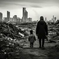 Mother and daughter looking at the ruins of a factory. Black and white photo.  AI generated photo