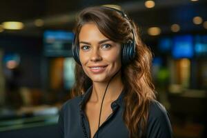 retrato de sonriente hembra cliente apoyo teléfono operador en auriculares. hermosa joven mujer con auriculares en un llamada centro. ai generado foto