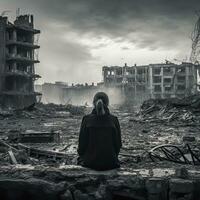 A girl in a black coat stands in front of a destroyed building. AI generated photo