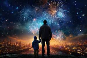 Silhouette of father and son with fireworks on the background of the city. Back view of father and son looking at fireworks on night city background. AI generated photo