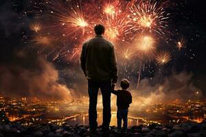 silueta de padre y hijo con fuegos artificiales en el antecedentes de el ciudad. espalda ver de padre y hijo mirando a fuegos artificiales en noche ciudad antecedentes. ai generado foto