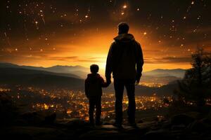 Silhouette of father and son with fireworks on the background of the city. Back view of father and son looking at fireworks on night city background. AI generated photo