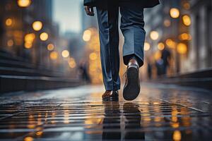 Close up young businessman feet sprinting up stairs office middle image.  Generative AI photo