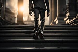 Close up young businessman feet sprinting up stairs office middle image. photo