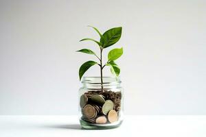 Plant growing out of coins in glass jar on white background. Saving money concept. Generative AI photo