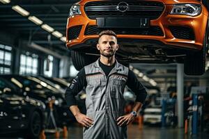 selective focus of handsome auto mechanic in uniform repairing car in auto repair shop. Generative AI photo