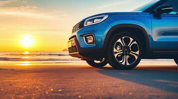 coche en el playa a puesta de sol. concepto de viaje y vacaciones. generativo ai foto