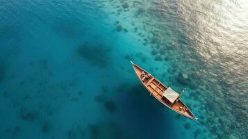 Aerial view of a wooden fishing boat in the sea, Greece. Generative AI photo