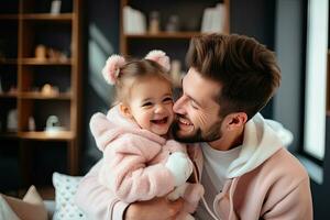 sonriente y contento padre y hija gasto el fin de semana en un calentar hogar. generativo ai foto