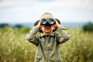 Little boy looking through binoculars in the park. Kid exploring nature.  Generative AI photo