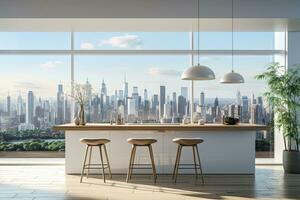 Luxury kitchen interior with white marble countertop, sink and window with panoramic view. Generative AI photo