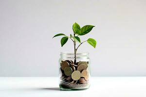 Plant growing out of coins in glass jar on white background. Saving money concept. Generative AI photo