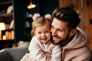 sonriente y contento padre y hija gasto el fin de semana en un calentar hogar. generativo ai foto