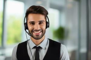 A call center employee with a headset at work.AI generative photo
