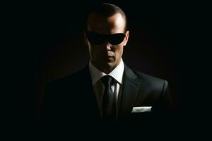 A secret agent in a suit and dark sunglasses.AI generative photo